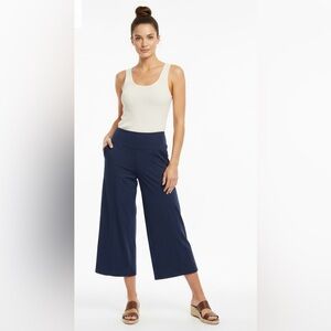 Navy Blue High-Rise Wide Leg Cropped Pants with Pockets XL Travel Athleisure